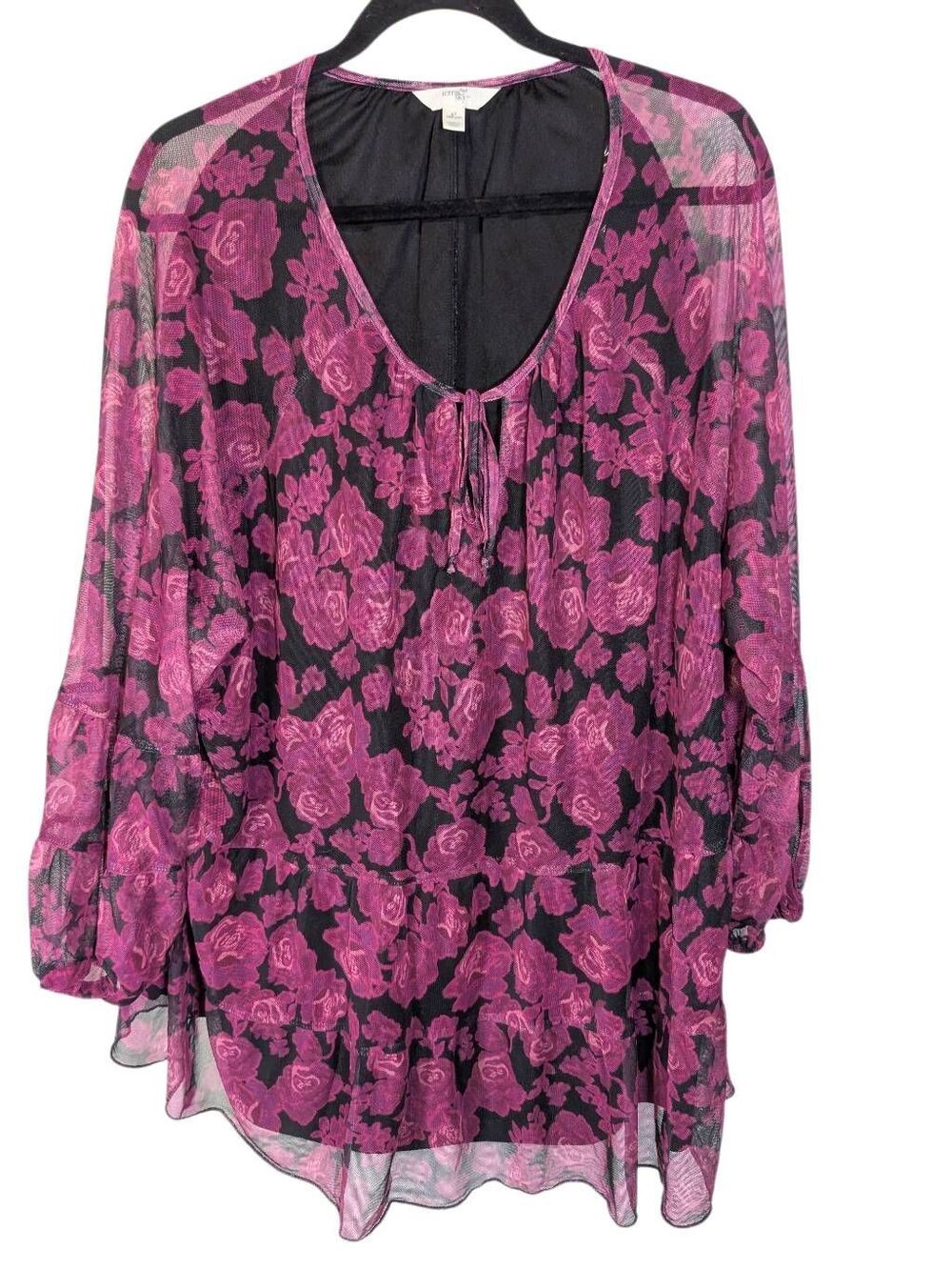 Terra & Sky Print Mesh Peasant Top Long Sleeve Rose Berry Wine Size 3X